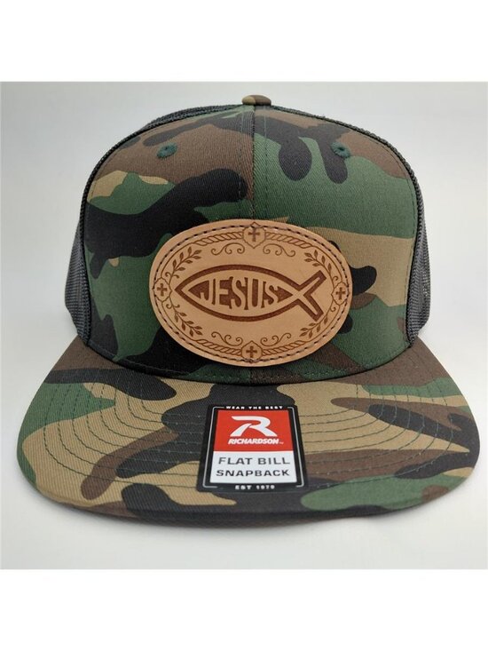 Vintage Jesus Leather Patch Camo Trucker Hat Christian Flat Bill Snapback Cap